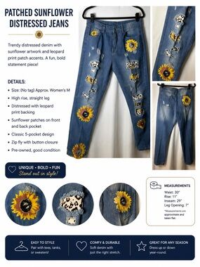 Custom Sunflower Distressed Jeans – Leopard Patch Denim – Women’s Boutique Style